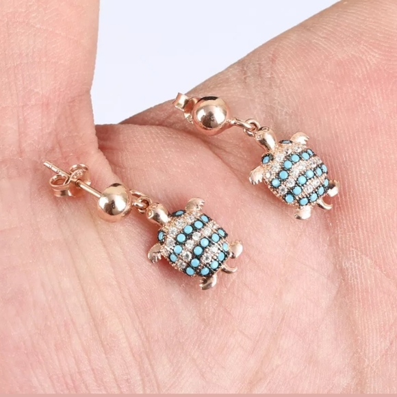 Gold turquoise & topaz turtle earrings - Picture 4 of 4